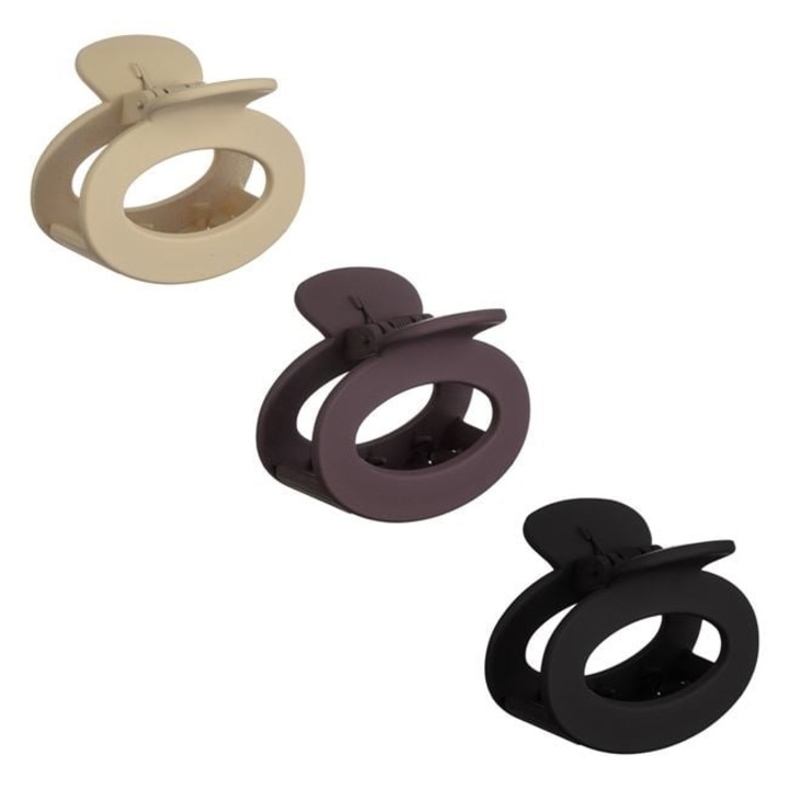 Set 3 clame pentru par Antbro® cu textura mata de culoare neagra, ecru si somon in forma ovala, 6cm
