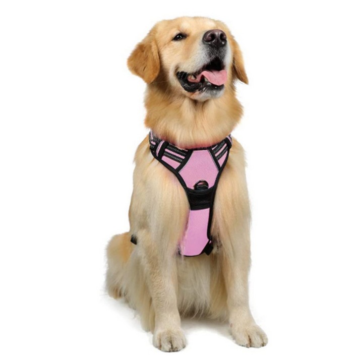 Ham pentru caini, AMRNUGL, nylon, ajustabil, cu 2 clipsuri pentru lesa, reflectorizant, roz, L