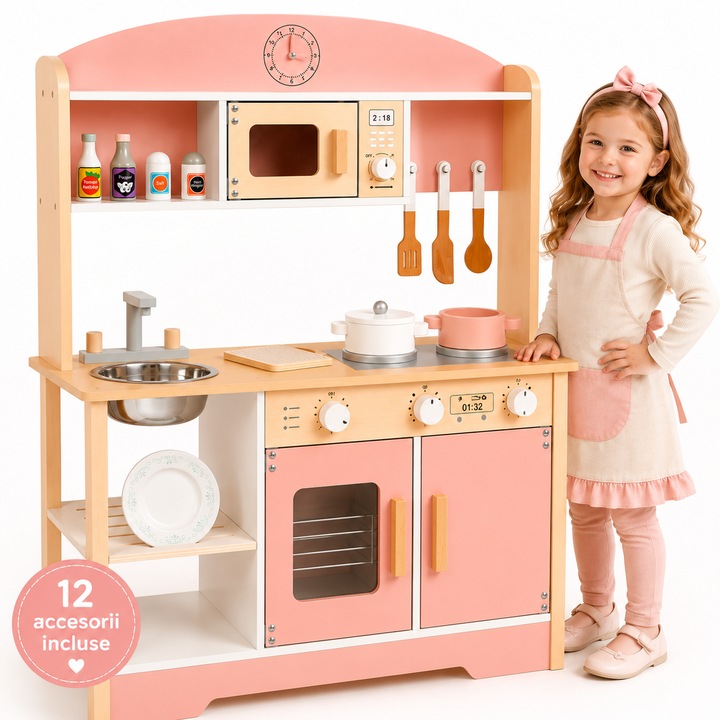 Bucatarie Pentru Copii, Din Lemn de Calitate Superioara, Include Plita cu Doua Arzatoare, Cuptor, Chiuveta, cu Spatiu de Depozitare, Cuptor cu Microunde, Accesorizata Complet, Vopsea pe Baza de Apa, Indiggo, 85Cm Inaltime, Alb/Roz