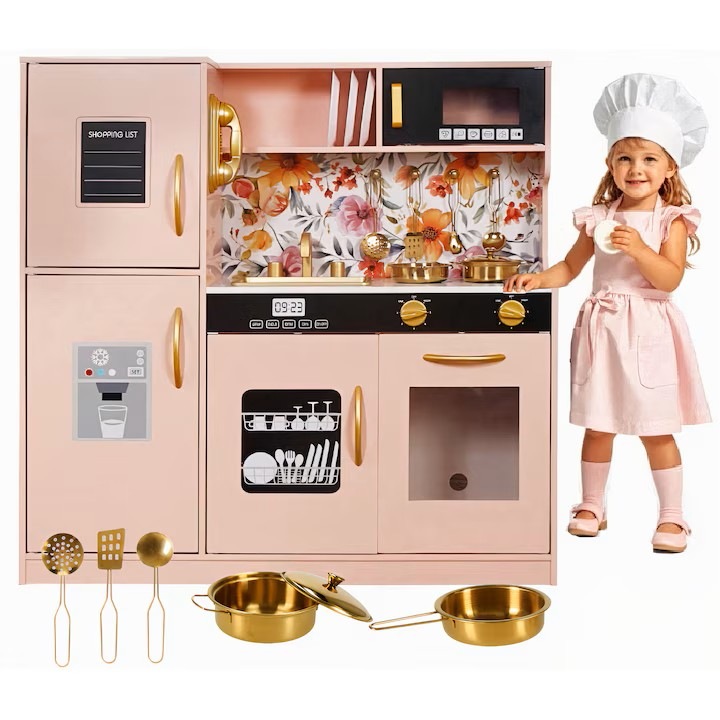 Детски кухненски комплект от естествено дърво, FrenchCuisine PINK KIDO, LED осветление и звуци, подвижни елементи, комплект прибори, фурна с бутони, телефон, котлон, микровълнова, мивка, 80,5 см височина, PINK KIDO