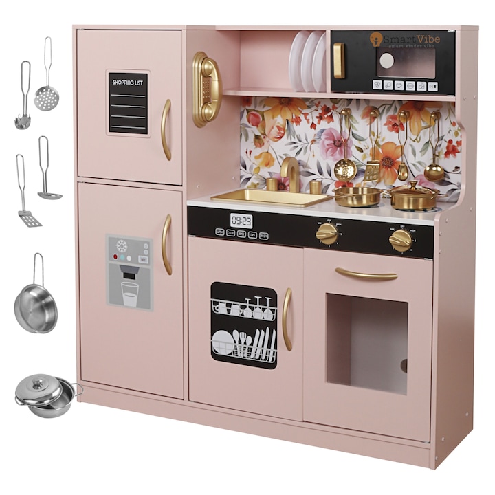 Детски кухненски комплект от естествено дърво, FrenchCuisine PINK KIDO, LED осветление и звуци, подвижни елементи, комплект прибори, фурна с бутони, телефон, котлон, микровълнова, мивка, 80,5 см височина, PINK KIDO