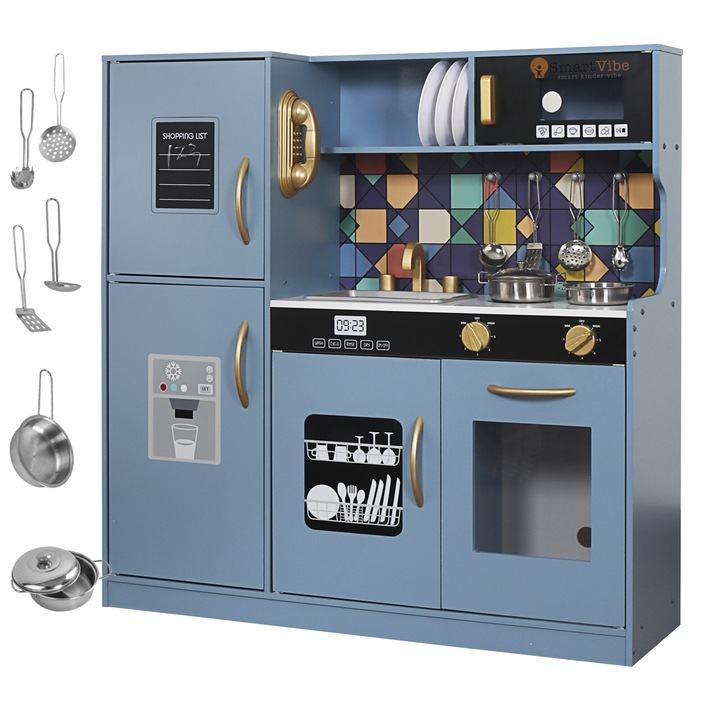 Детски кухненски комплект от естествено дърво, FrenchCuisine BLUE KIDO, LED осветление и звуци, подвижни елементи, комплект прибори, фурна с бутони, телефон, котлон, микровълнова, мивка, 80,5 см височина, син