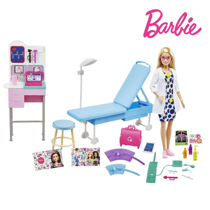 Комплект Медицински кабинет Барби, Mattel, Кукла с медицинско оборудване, Многоцветен