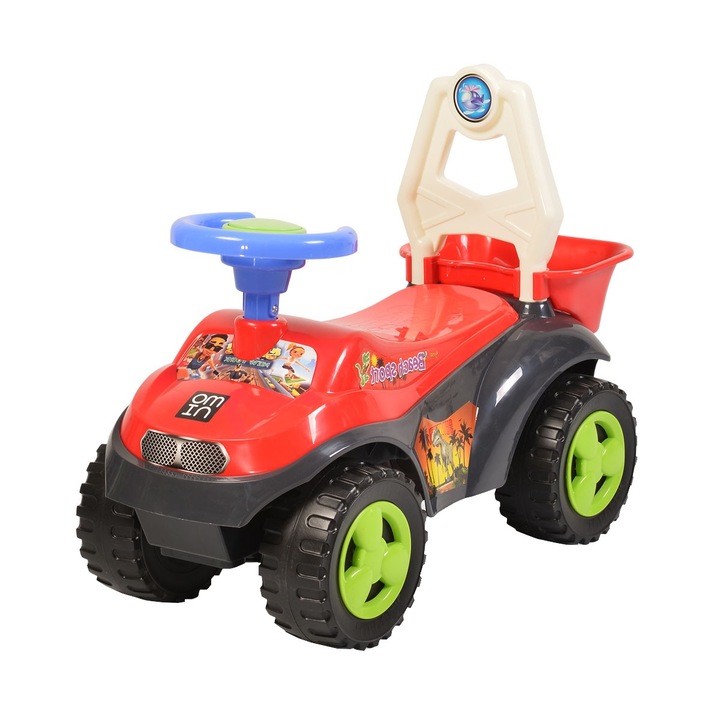 Masinuta cu functie de trotineta fara pedale pentru copii NOVOKIDS® Beach Rider, cu melodii, portbagaj depozitare, Suport picioare, maxim 25 kg, Rosu