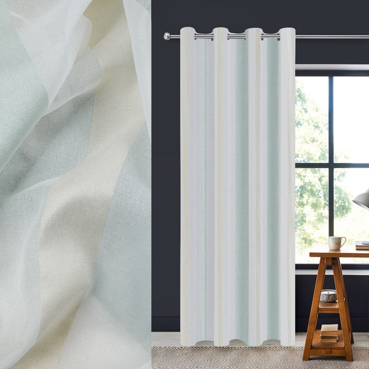 Dekoratív Függöny, Csíkos Minta, Fehér-Mentazöld Szín, Méretek 140x260cm, Rögzítőgyűrűk, Poliészter Anyag, MYONNA IT & E-COMMERCE ®