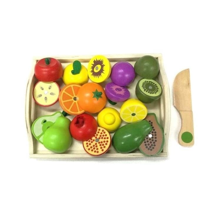 Set cu tavita si fructe din lemn pentru feliat Mixbo, 18 piese, varsta 3 +, multicolor