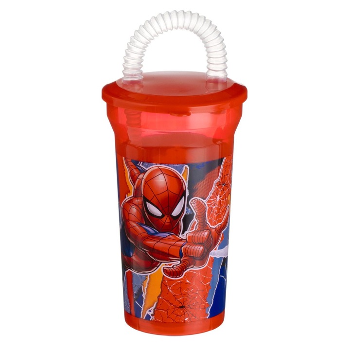 Spiderman műanyag pohár, fedél és rugalmas szívószál, űrtartalom 0,4 l, többszínű