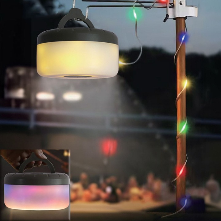 RGB LED-füzér, 2 az 1-ben modell, USB, 5 világítási mód, hossz 8 m, kapacitás 1200 mAh, többszínű, kültéri IP44