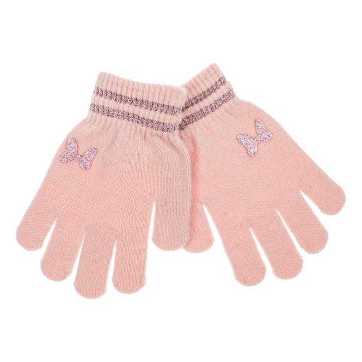 Mănuși copii, nude, cu funda glitter și dungi lurex, 6-10 ani, 1 pereche