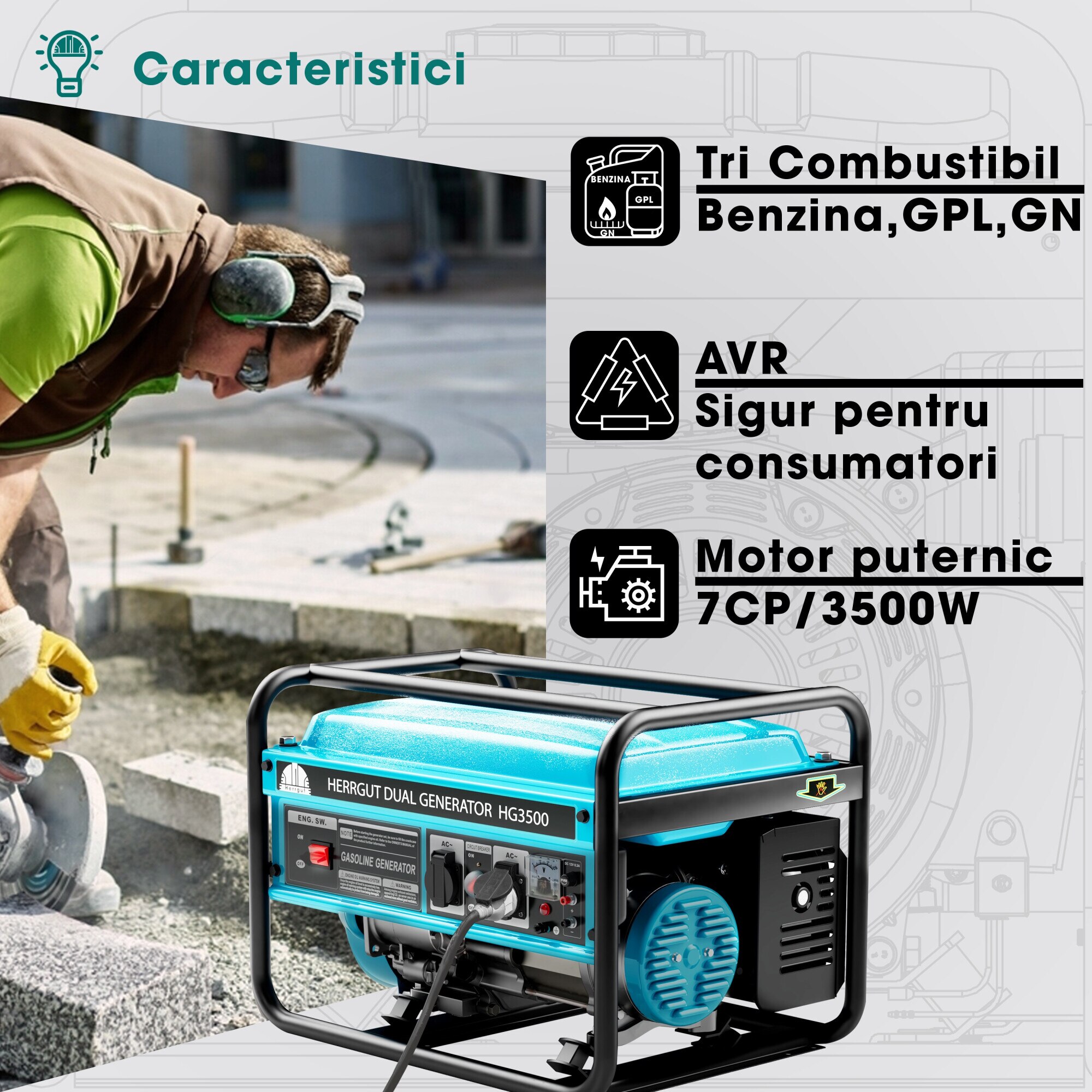 Generator curent electric profesional Herrgut pe benzina, GPL, gaz ...