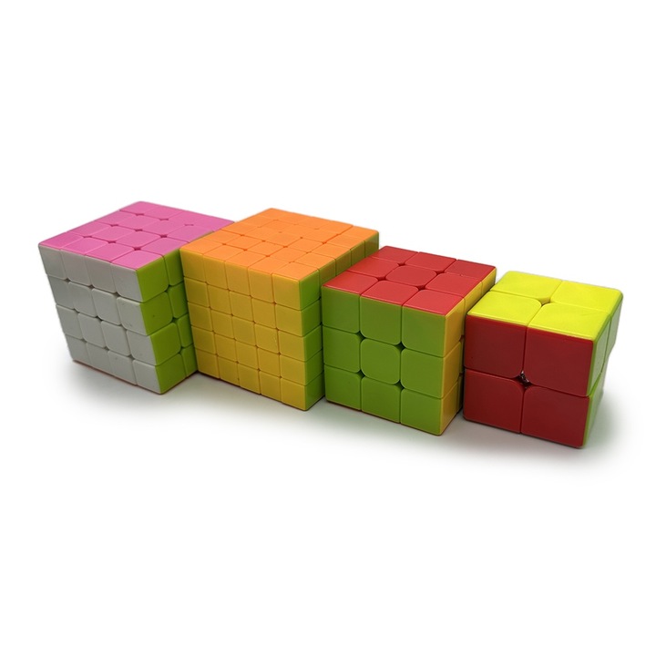 Set 4 cuburi Rubik, 2x2x2, 3x3x3, 4x4x4, 5x5x5, format clasic, multicolor, + 3 ani, rotatie 360 de grade, Vision XXI