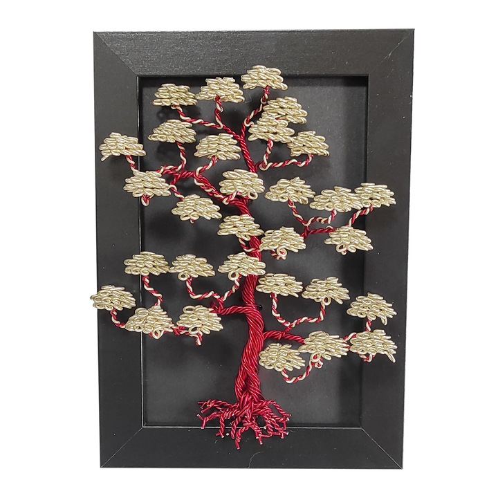 Copac Artistic Handmade in Rama neagra, 12x17cm, trunchi Rosu, Flori Champagne