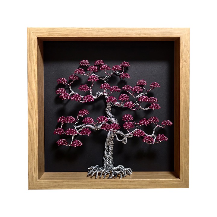 Copac Artistic in Rama, 27x27cm, Rama Stejar, Trunchi Silver & Negru, Flori Mov