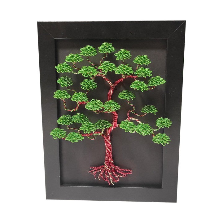 Copac Artistic Handmade in Rama neagra, 12x17cm, trunchi Rosu & Silver, Flori Verzi