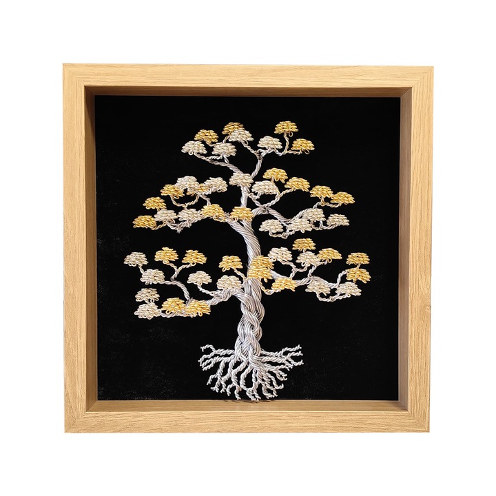 Copac Artistic in Rama, 27x27cm, Fundal Catifea, Rama Mesteacan, Flori Gold & Champagne