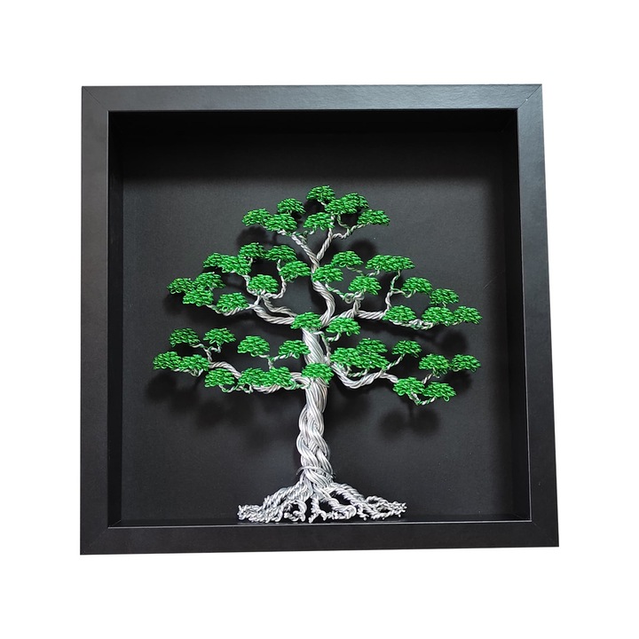 Copac Artistic in Rama, 27x27cm, Rama Neagra, Flori Verzi