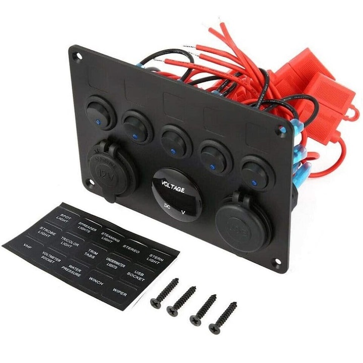Panou comutator auto, WELUOT, 5 comutatoare LED, USB dual, negru