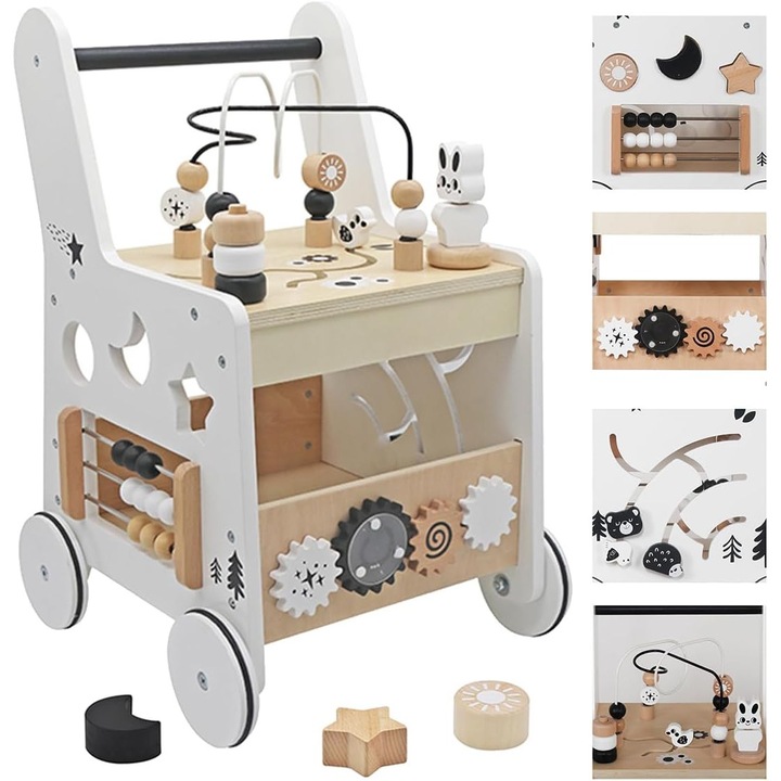 Antemergator Educational si Interactiv 5 in 1 Woody Walker Indiggo®, din Lemn Natural, Tabla senzoriala Montessori, Include Numaratoare, Forme Geometrice Rotative, Labirint cu Animale, Abac, Roti Antiderapante, Woody Alb