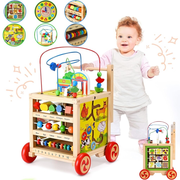 Antemergator Educational si Interactiv 6 in 1 Clock Walker Indiggo®, din Lemn Natural, Tabla senzoriala Montessori, Include Ceas, Forme Geometrice Rotative, Labirint cu Animale, Abac, Roti Antiderapante, Woody Multicolor