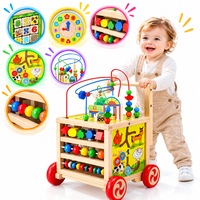 Antemergator Educational si Interactiv 6 in 1 Clock Walker Indiggo®, din Lemn Natural, Tabla senzoriala Montessori, Include Ceas, Forme Geometrice Rotative, Labirint cu Animale, Abac, Roti Antiderapante, Woody Multicolor