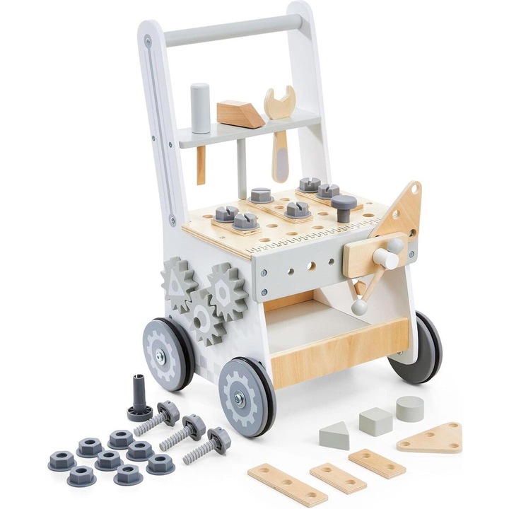 Oktatási és interaktív antemergator 3 az 1-ben eszközök és agyak Walker Indiggo®, természetes fából, Montessori érzékelő tábla, munkapad alkatrészek, forgó geometriai formák, csúszásmentes kerekek, fás szürke