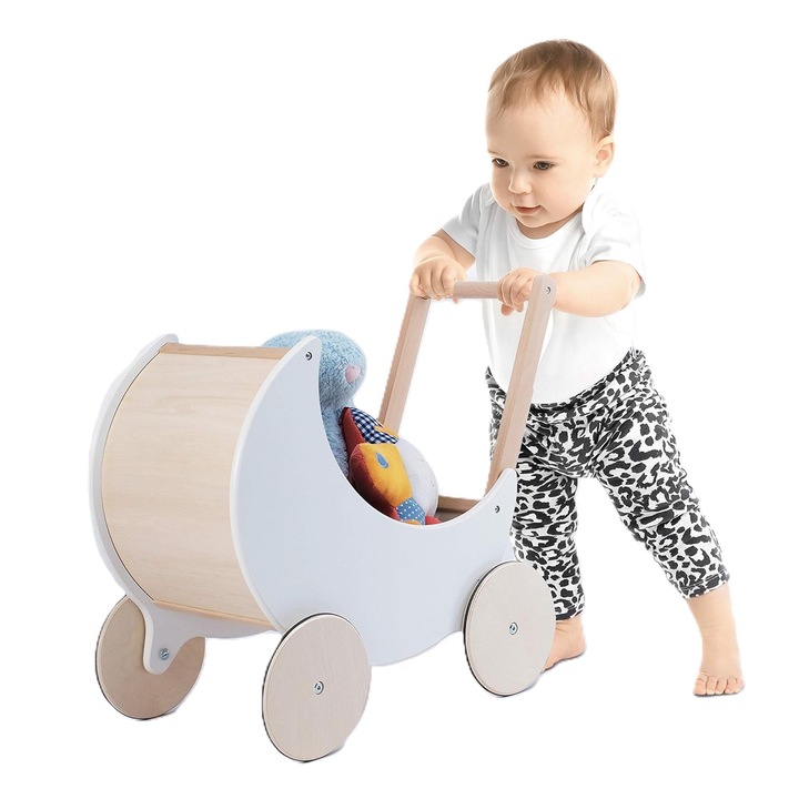 Antemergator Educational si Interactiv 2 in 1 Doll Walker Indiggo®, din Lemn Natural, stil Retro, Carucior pentru papusi, Roti Antiderapante, Woody White