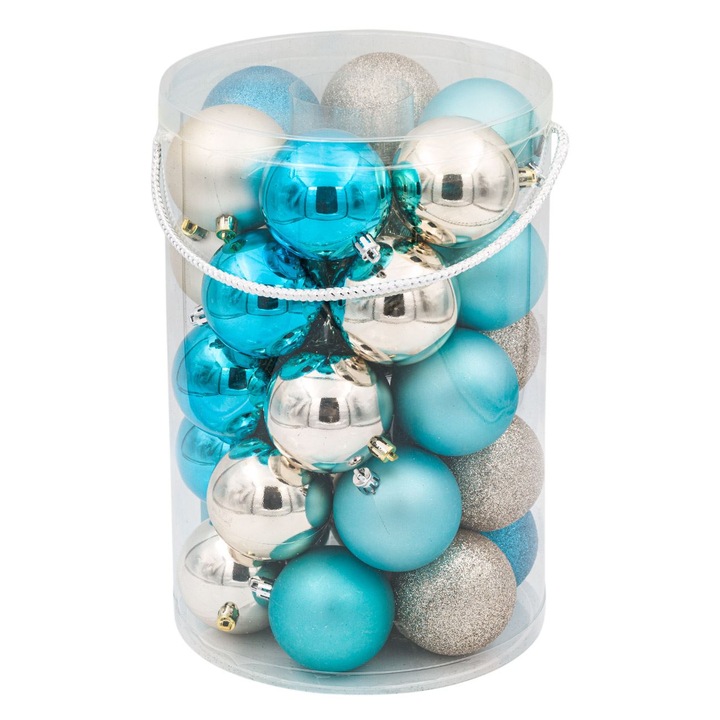 Set Globuri Craciun, Model Bej Turcoaz, Finisaj Mat Stralucitor Glitter, 7cm, 30 Bucati, Plastic, MYONNA IT & E- COMMERCE ®