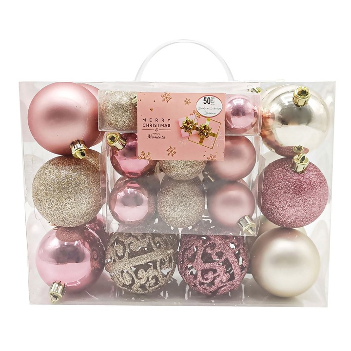 Set Globuri de Craciun Roz Aurii Mat Stralucitoare Perforate & Glitter 3-4-6cm, 50buc
