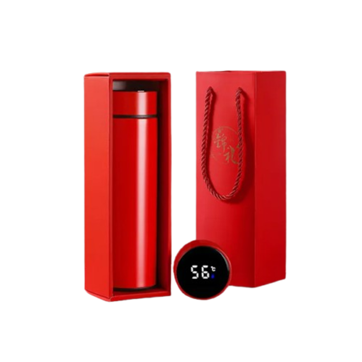 Termos smart cu pereti dublii din inox si afisaj LED, indicator temperatura C, cutie si punga, ideal cadou, rosu, 500 ml