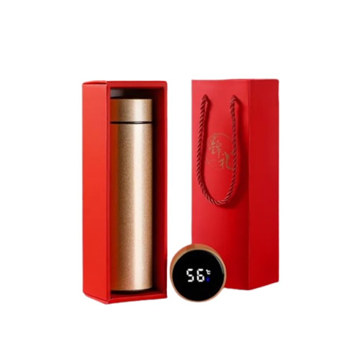 Termos smart cu pereti dublii din inox si afisaj LED, indicator temperatura C, cutie si punga, ideal cadou, auriu, 500 ml