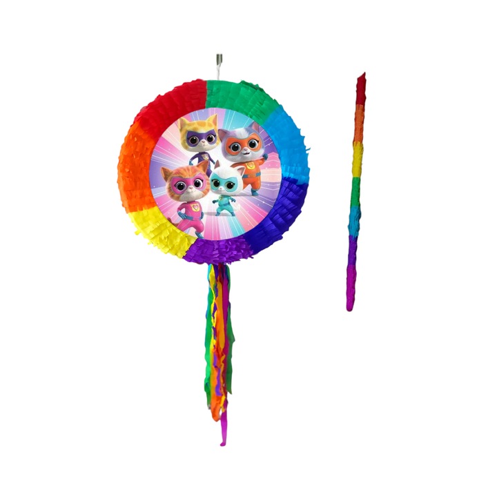 Pinata Super Pisicutele, Diametru 42 cm + Bat, Multicolora, Pinata Super Kitties