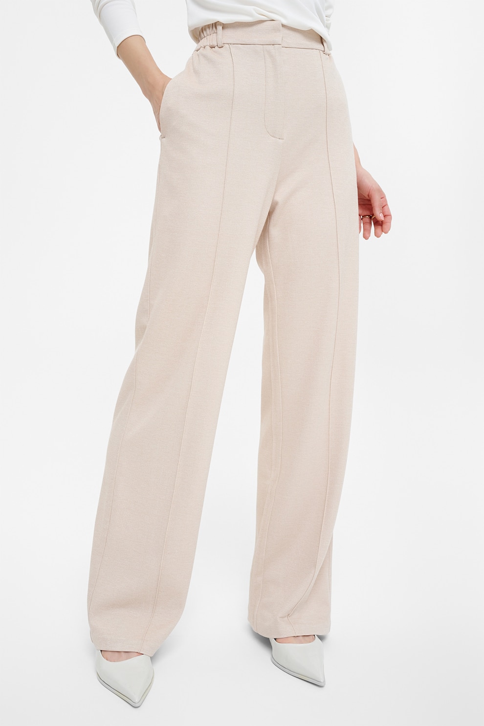 GreenPoint, Pantaloni drepti cu talie inalta, Alb fildes, 44
