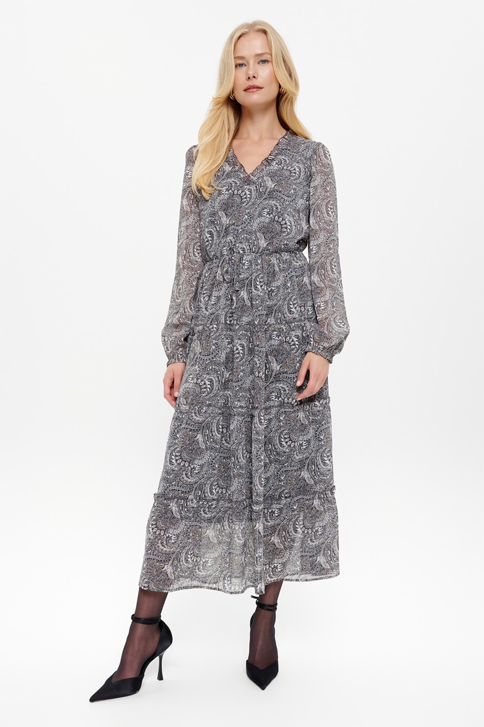 GreenPoint, Rochie cu decolteu in V si imprimeu paisley, Gri, Alb murdar, Grej, 36
