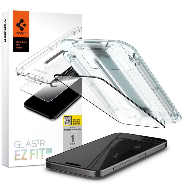 EZ FIT kijelzőfólia Apple iPhone 15-höz, Secure Glass, Teljes ragasztás, 2.5D, Tokkal kompatibilis, NC953, Fekete AGL06908