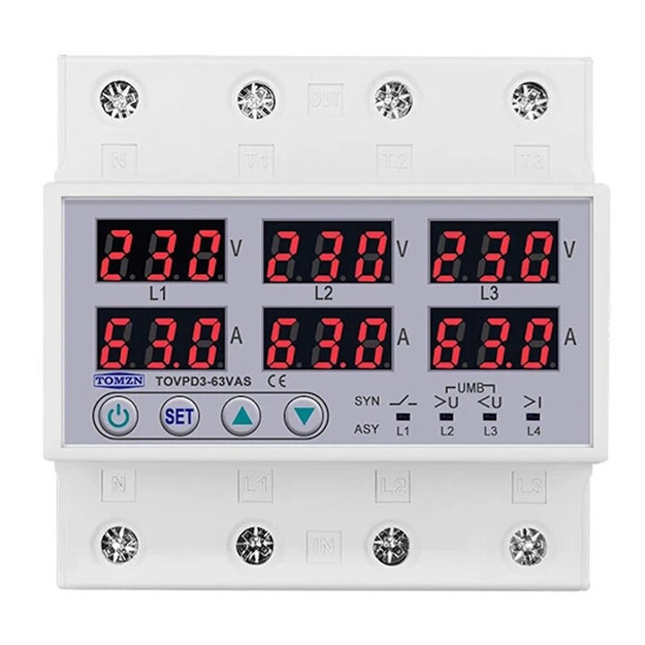 Releu protectie tensiune TOMZN 63A 3P+N, sincron/asincron, reglare supratensiune, 230V