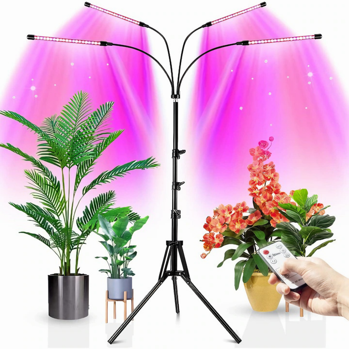 Lampa UV pentru cresterea plantelor pentru interior cu 4 brate reglabile VarioShop®, lumina LED, 3 Moduri, 9 trepte intensitate, cu temporizator, cu trepied reglabil pe inaltime, alimentare priza si USB, Negru