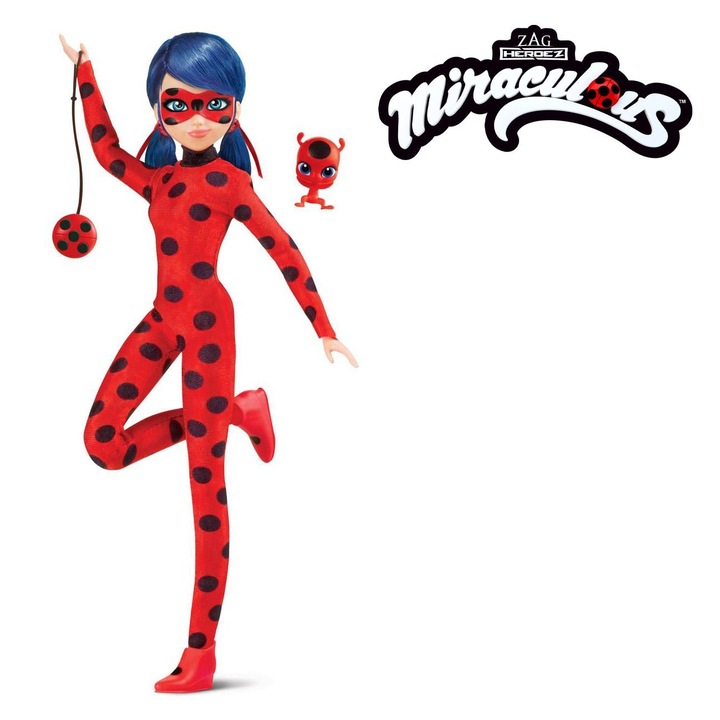 Értékes játékbaba, Csodálatos katica, kék haj, 27 cm magasság, tartozékokkal, piros fekete pöttyökkel