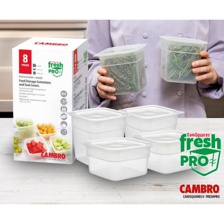 Set cutii alimentare Cambro, 0,95L si 0,47L, polipropilena, 12x12x11,8cm si 12x12x6,5cm, semi-transparent