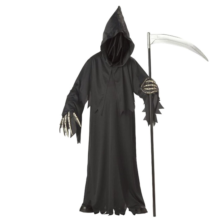Costum Halloween pentru Copii, Moartea cu Coasa, Negru, Poliester, Marimea 111-136 cm