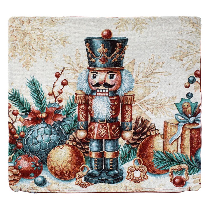 Karácsonyi Díszpárnahuzat, Diótörő Minta, Lurex, Ekru Piros Szín, Méret 50x50cm, Anyag Poliészter, MYONNA IT & E- COMMERCE ®