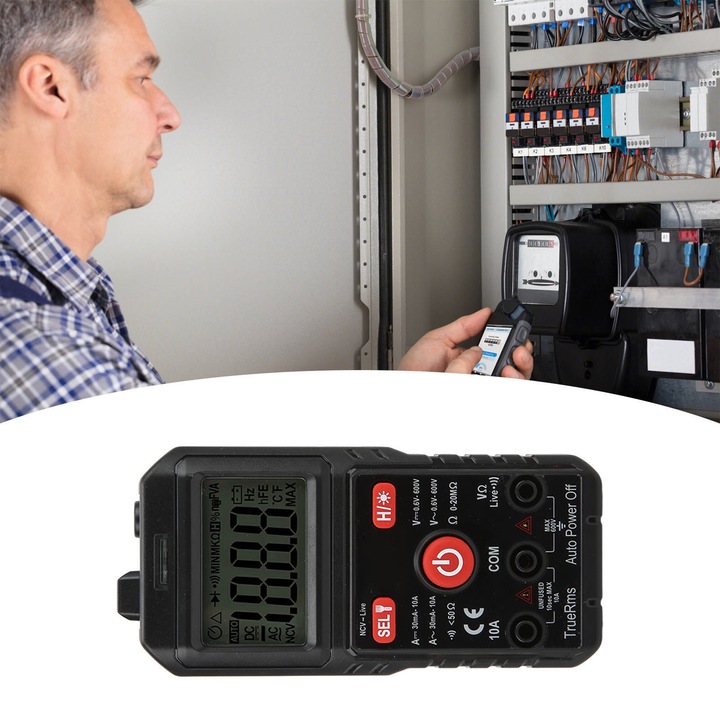 Multimetru digital portabil, Longziming, UA20, masurare tensiune AC/DC 600V, curent 10A, compact, negru