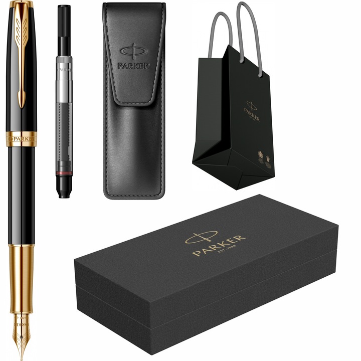 Set Parker Stilou Sonnet Royal Black GT cu gravura laser inclusa, penita din aur de 18k, convertor DeLuxe montat, etui Leather Black si punga Parker