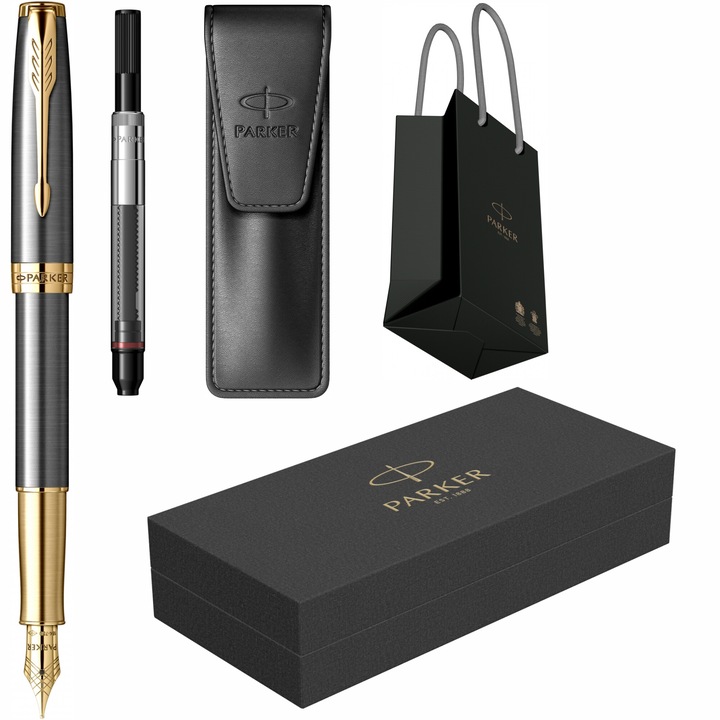 Set Parker Stilou Sonnet Royal Core Grey Lacquer GT, cu gravura laser inclusa, penita din aur de 18k, convertor DeLuxe montat, etui Leather Black si punga Parker