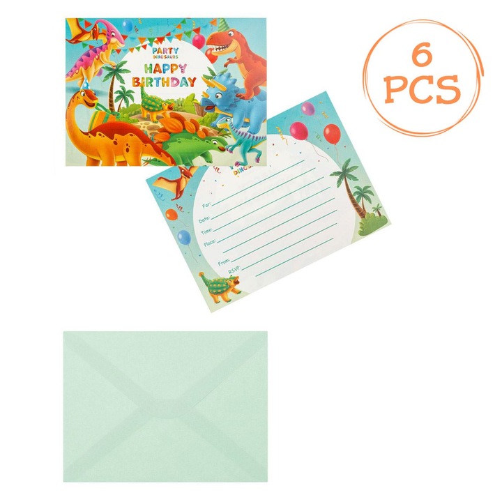 Set Invitatii Petrecere Dinozaur, 6 Bucati, Multicolor, Hartie, Cu Plicuri Verde