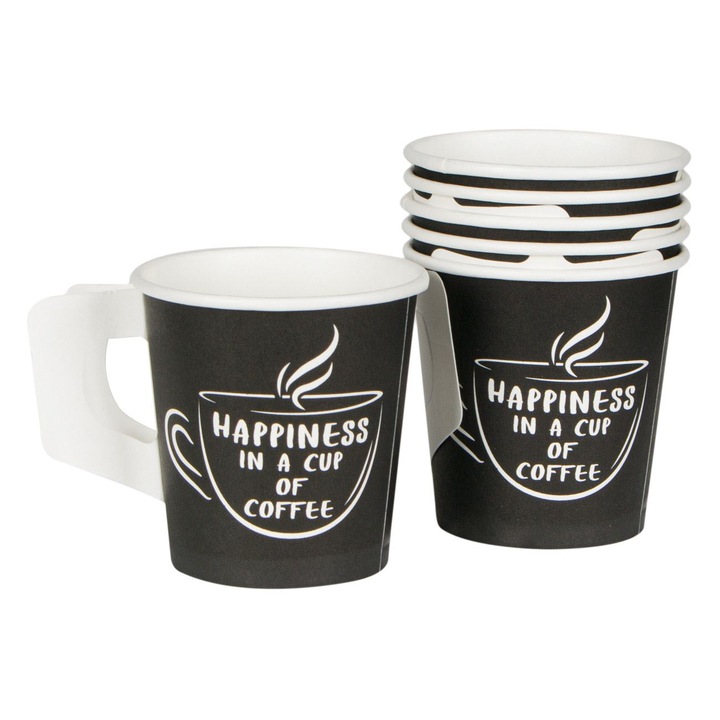 Pahare de Carton pentru Cafea cu Maner 'Happiness in a Cup of Coffee' 120ml - 25buc
