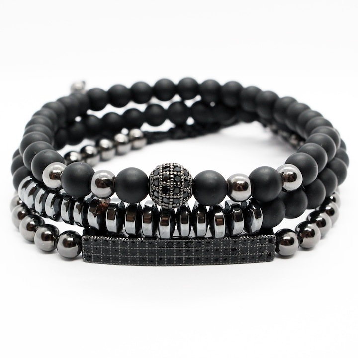 3 darabos WELUOT férfi karkötő szett cirkóniumból, fémgyöngyökből és természetes kövekből, fekete színben