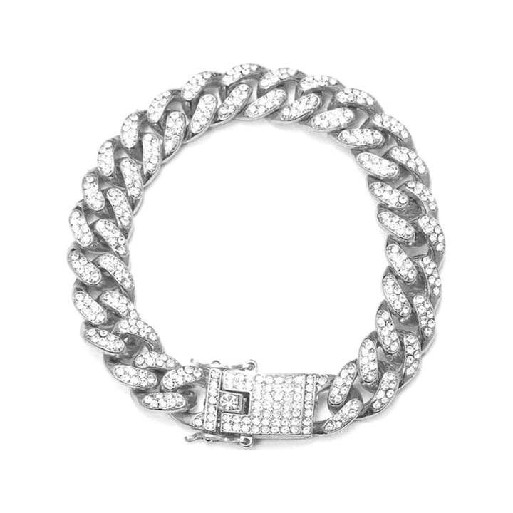 Bratara WELUOT, aliaj de zinc, cristale de zirconiu, 15mm x 18cm, argintiu