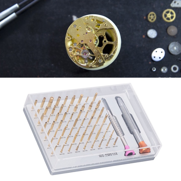 Óra csavarhúzó készlet, Jormftte, 63 ötvözött acél fej, vastag és vékony fogantyú, 9x1cm, 7,8x0,6cm