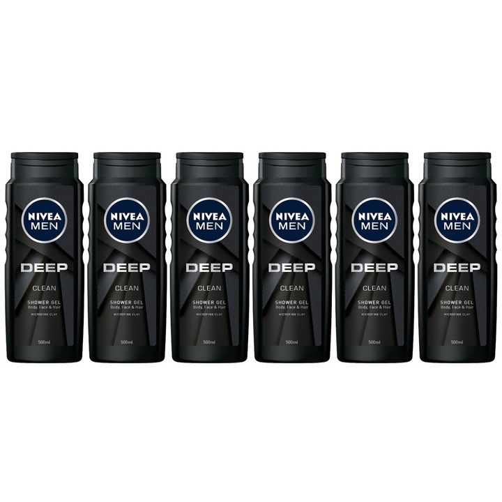 Set 6 x Nivea gel dus 500ml men deep, curatare eficienta, hidratare intensa, aplicare usoara, previne iritatiile, prospetime de lunga durata, testat dermatologic