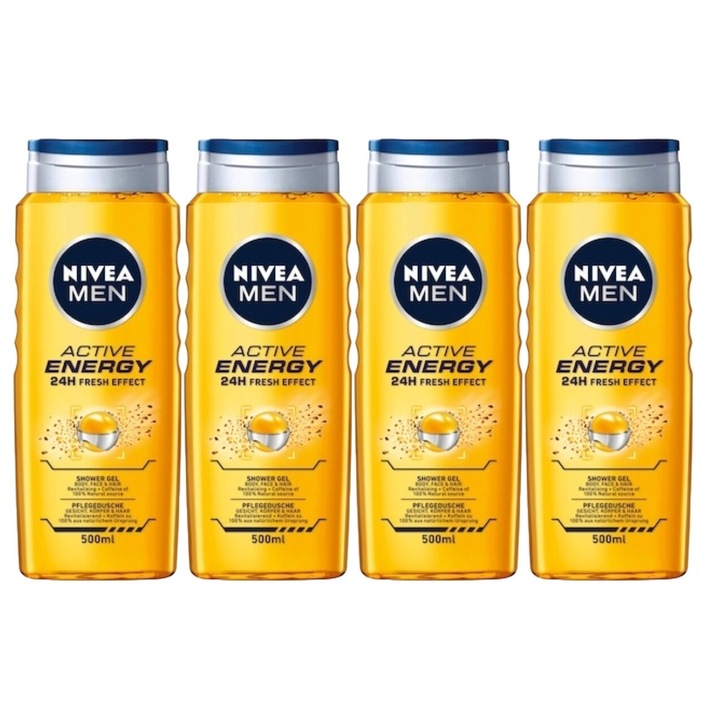 Set 4 x Nivea gel dus 500ml men active energy, curatare eficienta, hidratare intensa, aplicare usoara, previne iritatiile, prospetime de lunga durata, testat dermatologic